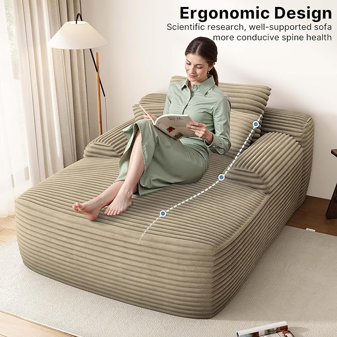 67" Oversized Chaise Lounge Chair Indoor, Comfy Sleeper Sofa Bed, Beige Plush Corduory Couch for Living Room Bedroom,Sofa in A Box,No Assembly Required.