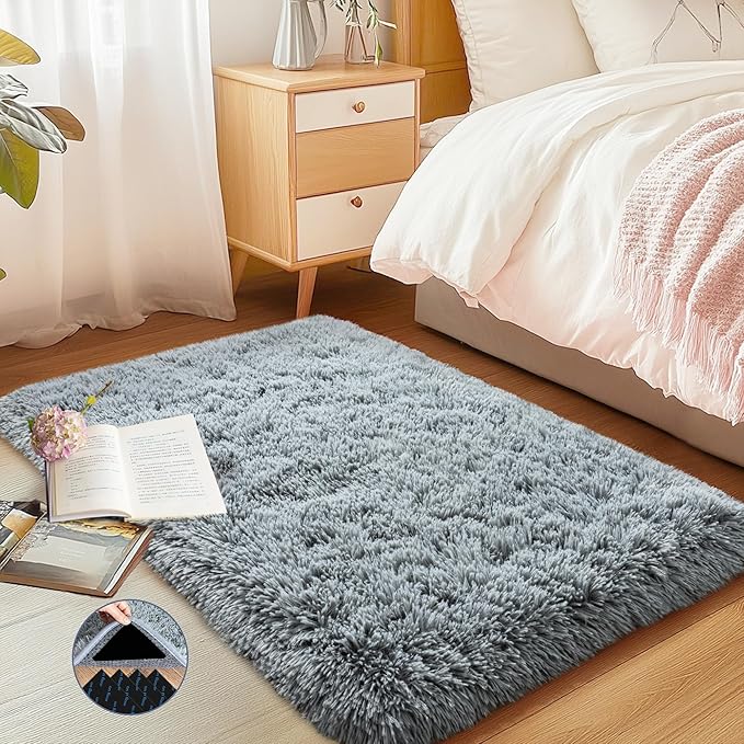 3x5 Area Rug for Bedroom, Grey Rugs for Living Room Nursery Kids Room Dorm Home Decor Aesthetic, Fluffy Shaggy Rug with 4 Anti-Slip Carpet Tapes