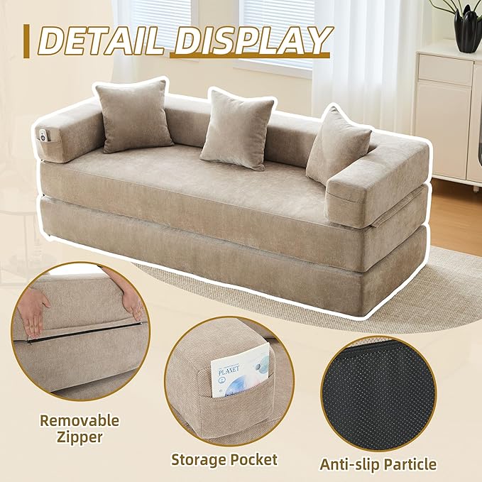 Convertible Floor Sofa Bed with Storage Pocket, Chenille Folding Mattress Sofa with Zipper Closure, Floor Lounge Couch for Living Room, Bedroom, Studio-Khaki