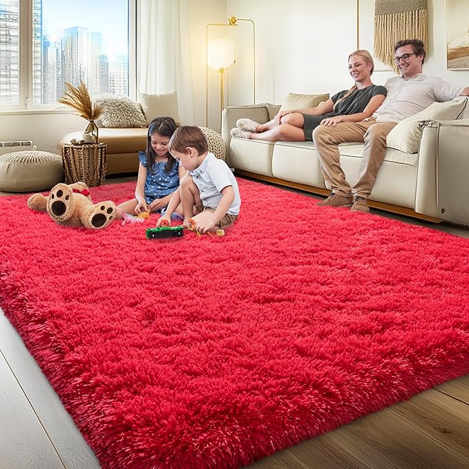 8x10 Area Rugs for Living Room, Red Fluffy Shaggy Rug Soft Carpets, Big Rugs for Bedroom Nursery Kids Room Dorm Home Decor Aesthetic