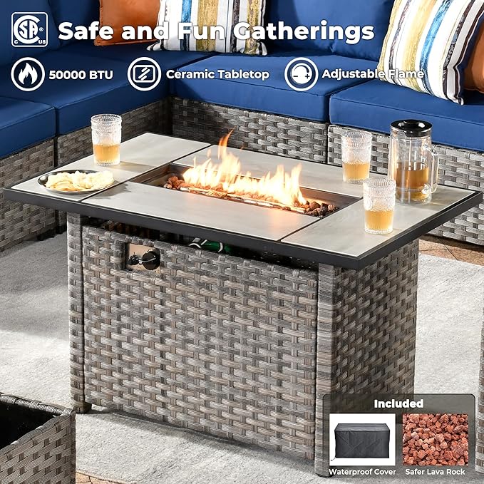 ovios 9 Pieces Patio Furniture Set, Outdoor Wicker Sectional Sofa with 42" Fire Pit Table Swivel Chair, Modern Modular Deep Seat Rattan Couch Conversation Sets, Navy Blue