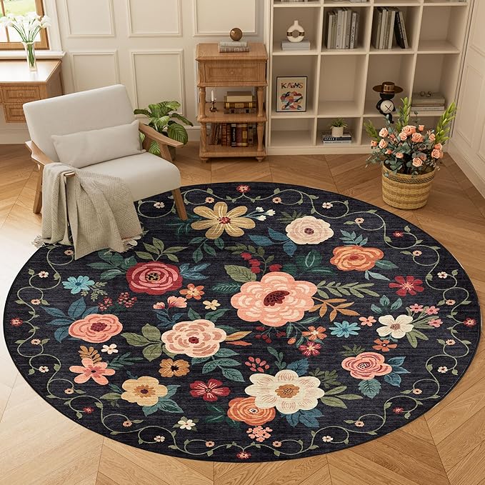 DUKINO Floral Round Rug, 6ft Washable Circle Rug, Non Slip Indoor Low Pile Circle Rug, Soft Small Boho Design Carpet for Bedroom, Entryway, Living Room, Dining Room, Black