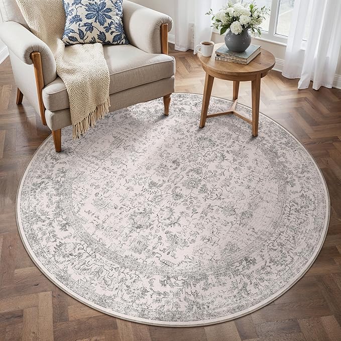 Grey Round Area Rug 3ft Entryway Door Mat Small Circle 3x3 Kitchen Vintage Carpet Non Slip Indoor Bedroom Washable Distressed Floral Retro Accent Throw Rug Office Bathroom