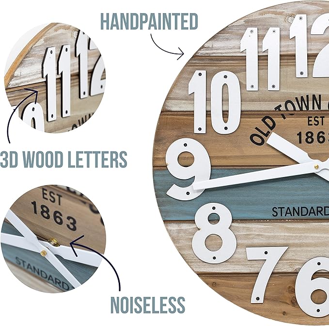 24" Wooden Multi-Color Maritime Coastal Beach Large Number Wall Clock (Blue, 24 inch)