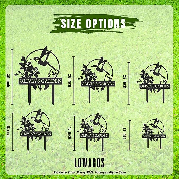 Custom Metal Garden Sign, Personalized Name Sign for Garden, Hummingbird Yard Decor, Outdoor Yard Stakes, Gifts for Plant Lovers