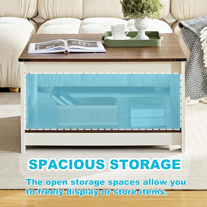 Farmhouse Coffee Table for Living Room, Wood Square Coffee Tables, 31.5" D x 31.5" W, Antique White