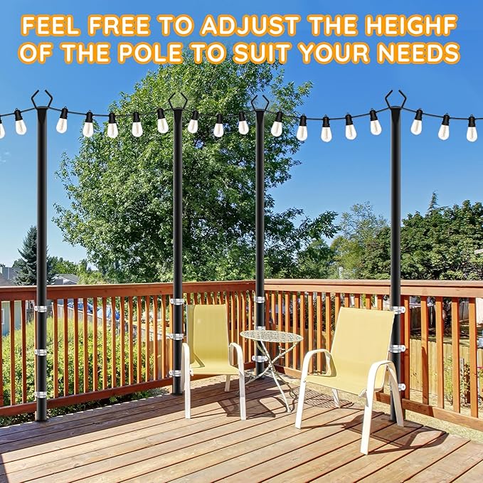 4 Pack String Light Poles, Outdoor String Light Pole 10ft Forked Metal Light Pole with Adjustable Outdoor Light Stand, Deck, Backyard, Garden, Wedding, Rustproof and Sturdy with Hooks
