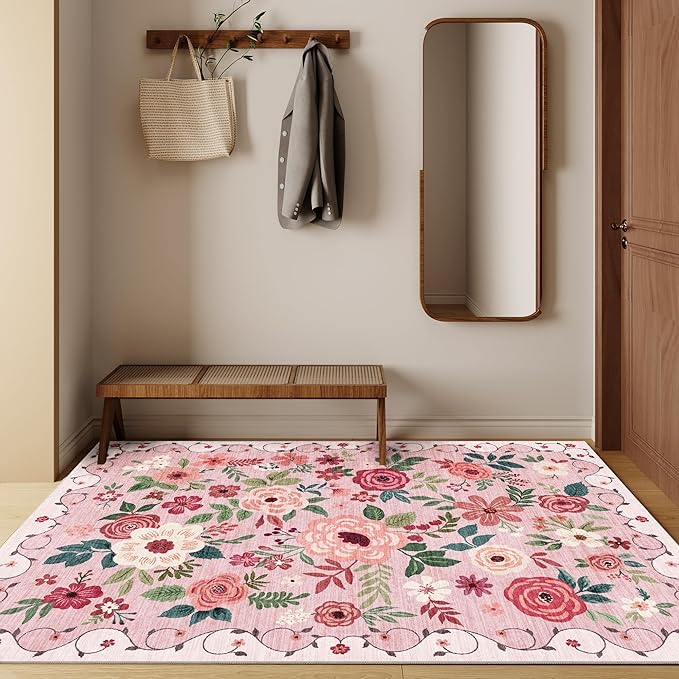 DUKINO 4x6 Area Rug, Floral Rugs for Living Room, Lightweight Non Slip Washable Rug, Indoor Low Pile & Non-Shedding Boho Design Rugs for Bedroom, Living Room, Dining Room, Pink