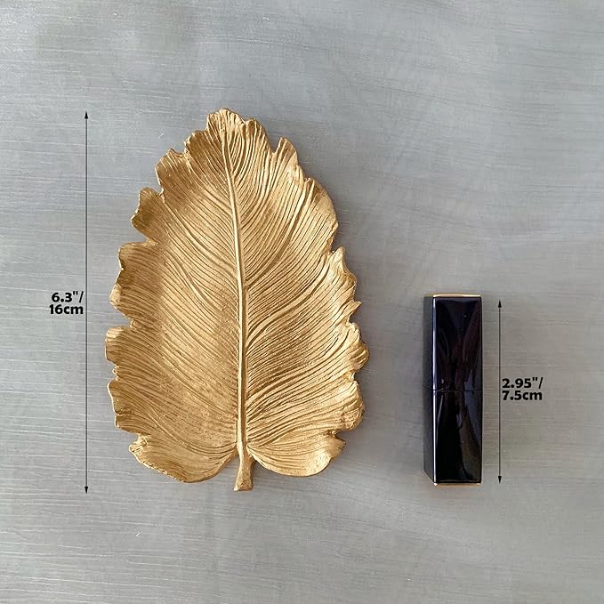 Metal Jewelry Dish, Small Leaf Shaped Ring Holder Jewelry Organizer, Trinket Dish Vanity Tray for Dresser Christmas Birthday Wedding Gifts Large Elm-Gold