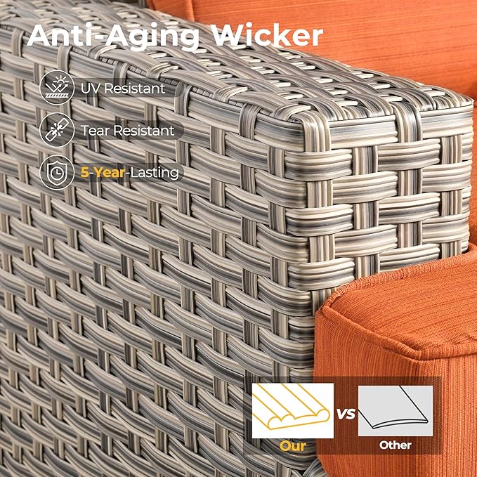 HOOOWOOO Outdoor Sectional Patio Furniture Set with Fire Pit Table,10 Pieces Wicker Conversation Sets L Shaped Couch,Extra Deep Out Door Sofa Outside Furniture with Swivel Chairs,Brick Red