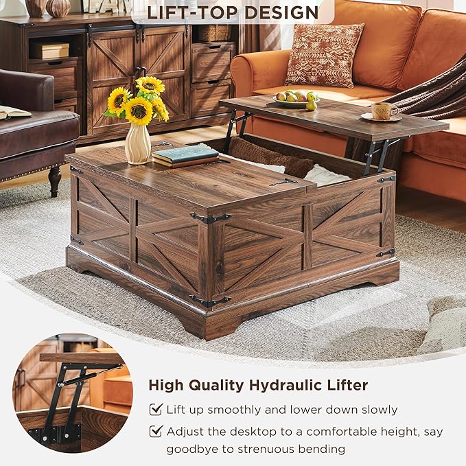 JXQTLINGMU Farmhouse Lift Top Coffee Table with Storage, 36" Wood Square Center Table with Large Hidden Compartment, Rustic Lift Tabletop Dining Table for Home Living Room, Brown