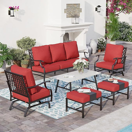 6 Piece Metal Outdoor Patio Furniture Set, Patio Conversation Set 1 3-Seater Sofa, 2 Rocking Chair, 2 Ottomans with 5.75" Thick Cushion and Coffee Table, Black Backyard Furniture, Red