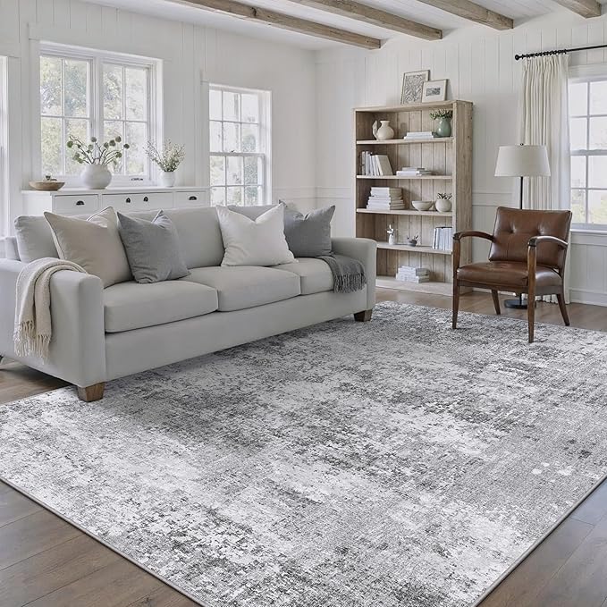 Washable Gray Area Rug 6x9 Modern Abstract Living Room Large Carpet Bedroom Grey Neutral Soft Throw Rug Low Pile Non Slip Indoor Contemporary Floor Cover for Dining Room Office