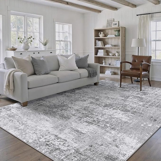 Washable Gray Area Rug 6x9 Modern Abstract Living Room Large Carpet Bedroom Grey Neutral Soft Throw Rug Low Pile Non Slip Indoor Contemporary Floor Cover for Dining Room Office