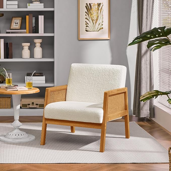 Yaheetech Boucle Fabric Accent Chair, Vintage Rattan Vanity Chair with Wood Armrest and Legs for Living Room Bedroom Makeup Room, Ivory, 2 pcs