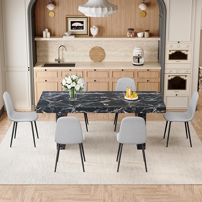 Marble Dining Table Set 79" ｜Modern Dining Table Set with 6 Linen Chairs｜Engineered Wood with Marble Pattern Tabletop｜Widened and Stable Tablelegs｜Easy Assembly