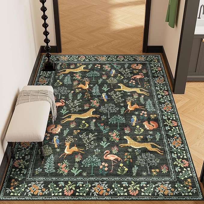 DUKINO 3x5 Rug, Washable Animal Area Rug with Non Slip Vintage Design, Indoor Soft Low Pile Carpet for Bedroom, Nursery, Dining Room, Farmhouse, Playroom, Black