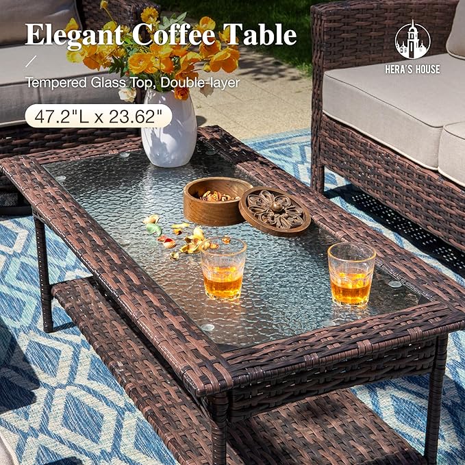 HERA'S HOUSE High Back Patio Furniture Set with Swivel Chairs, Outdoor Wicker Conversation Sets with 5.5" Comfy Cushions, 4 Piece Outside Sofa Sets, Beige