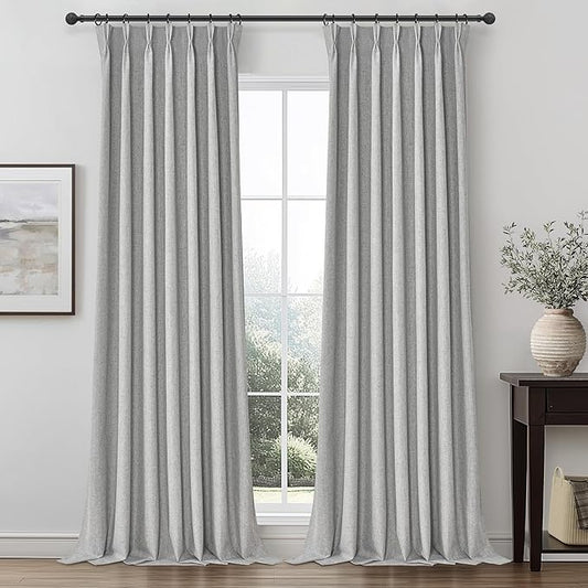 Gray Pinch Pleated 96 Inch Curtains 2 Panel Set for Living Room, Neutral Heavy Linen Blackout Window Drapes Insulated Privacy with Hooks Rings 8 FT Length Sliding Glass Door Viral Burg(40"Wx96"L Grey)