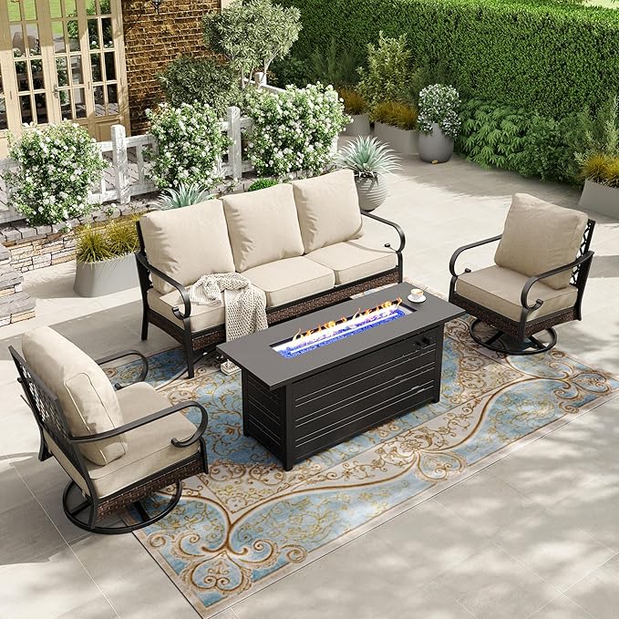 HERA'S HOUSE 4 Piece Patio Furniture Set with 56" Fire Pit Table, 2 x Swivel Cushioned Chair, 1 x 3-Seat Sofa, 5-Seats Outdoor Conversation Set for Lawn Garden Deck, Beige