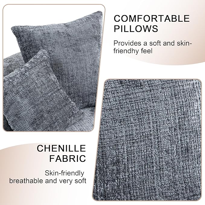 42'' Oversized Round Chair, Single Lounge Chaise Upholstered Sofa Bed with Deep Seat, Chenille Bean Bag Chiar with Pillows for Living Room, Bedroom, Apartment, Reading, No Assembly (Gray)