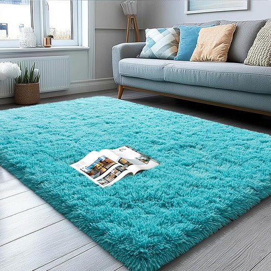 3x5 Area Rug for Bedroom, Soft Rugs for Living Room Nursery Kids Room Dorm Home Decor Aesthetic, Fluffy Shaggy Rug with 4 Anti-Slip Carpet Tapes, Teal Blue