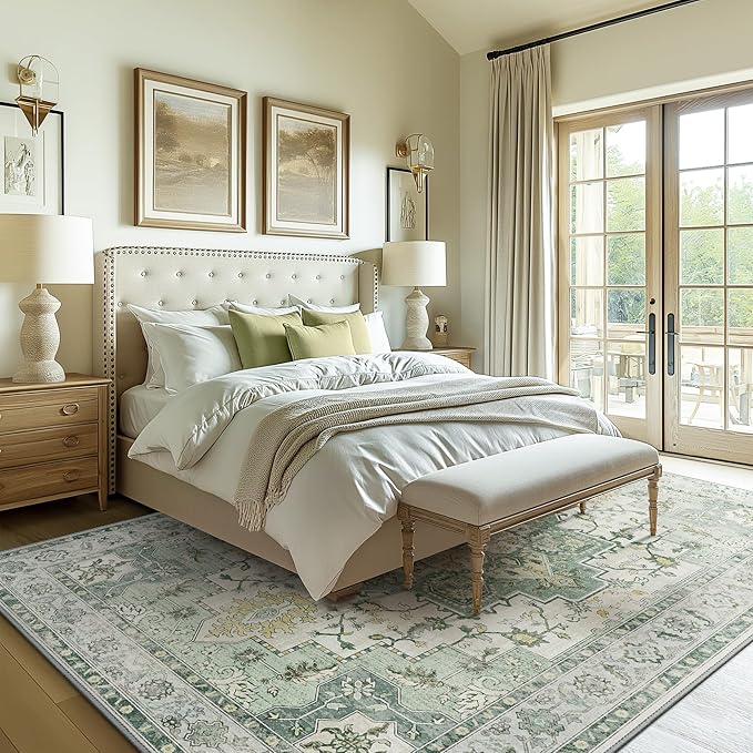 GENIMO 3x5 Area Rugs for Living Room, Machine Washable Non Slip Vintage Rugs, Low Pile Lightweight Chenille Print Rug for Bedroom, Dining Room, Home Office, Green