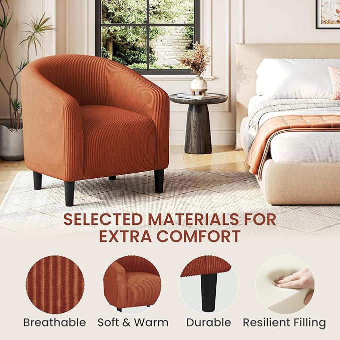 Yaheetech Accent Barrel Chair, Corduroy Fabric Club Chair, Furry Sherpa Elegant Armchair with Cozy Soft Padded, Suitable for Living Room Bedroom Reception Room Office, Brick Red