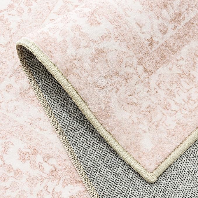 Pink Area Rug 3x5 Office Entryway Rug Machine Washable Kitchen Vintage Distressed Non Slip Carpet Indoor Retro Floral Accent Throw Door Mat for Bathroom Bedroom Dining Living Room