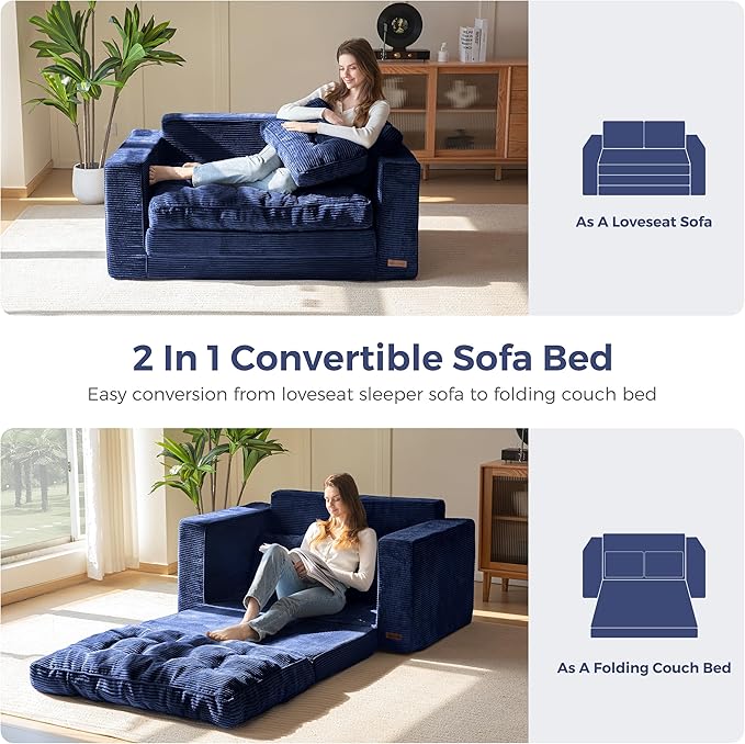 MAXYOYO Convertible Sofa Bed, Pull Out Loveseat Sleeper Sofa, 2 in 1 Folding Couch Bed, Fold Out Floor Couch with Pillows for Living Room Bedroom Lounge, Navy