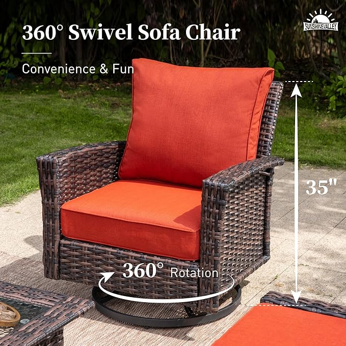6 Piece Patio Furniture Set with Swivel Chairs, High Back Wicker Rattan Sofa with Extra Thick Cushion, Coffee Table and Ottoman, Outdoor Conversation Set for Backyard Deck,Red