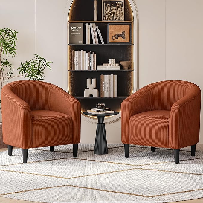 Yaheetech Accent Barrel Chair, Corduroy Fabric Club Chair, Furry Sherpa Elegant Armchair with Cozy Soft Padded, Suitable for Living Room Bedroom Reception Room Office, Set of 2, Brick Red