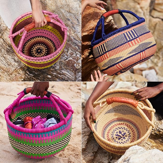 AYÉYA Mini Market Basket – Small Neutral African Handwoven Basket with Leather Handle – Artisan Wicker Tote for Storage, Gifting, or Garden Use – Handmade in Ghana