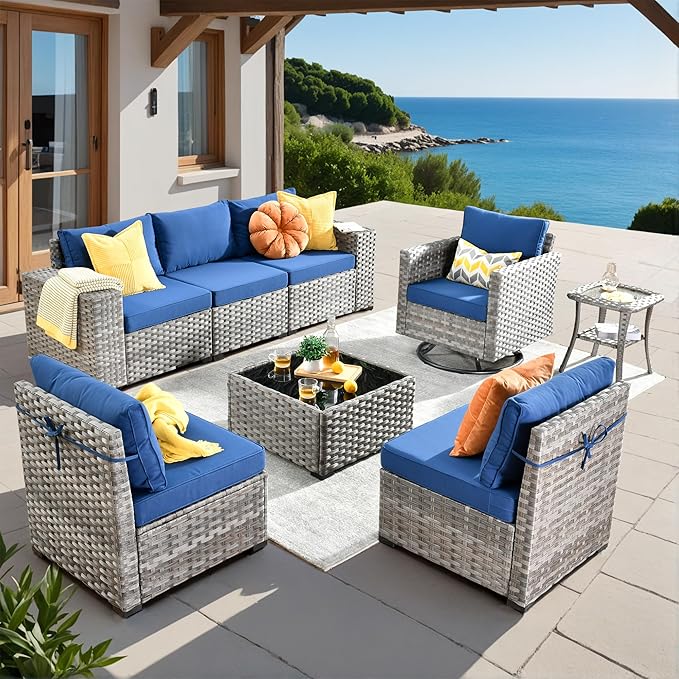 ovios 8 Pieces Patio Furniture Set, Outdoor Wicker Sectional Sofa with Swivel Chair Coffee Table, Modern Modular Deep Seat Rattan Couch Conversation Sets, Navy Blue