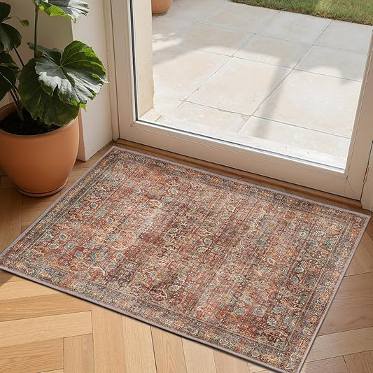 GENIMO 2x3 Area Rugs for Living Room, Machine Washable Non Slip Vintage Rugs, Low Pile Lightweight Chenille Print Rug for Bedroom, Dining Room, Home Office, Terracotta Indigo