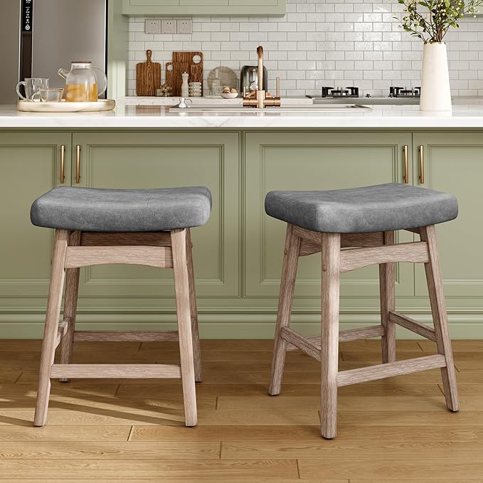 MAISON ARTS Counter Height Bar Stools Set of 2 for Kitchen Counter Solid Wood Legs with Fabric Saddle Seat Farmhouse Barstools for 34"-38" Counter Island Upholstered Stools, 24in, Grey Cushion