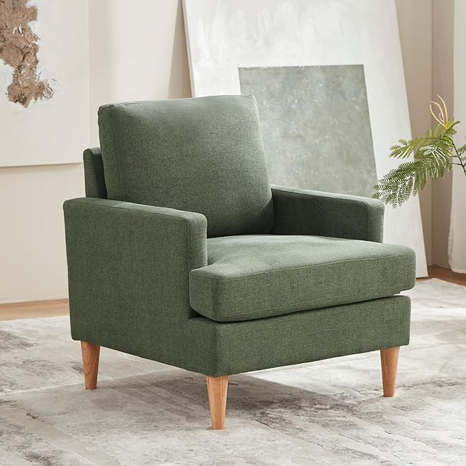 VKNOW Mid-Century Accent Chairs Set fo 2, Modern Upholstered Armchair for Living Room,Comfy Reading Accent Chairs with Wood Legs for Bedroom, Green Polyester
