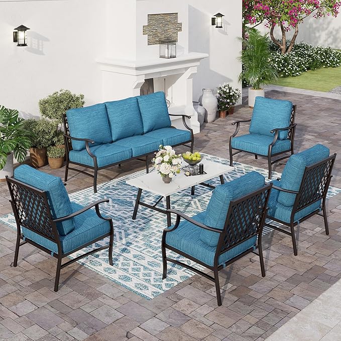 6 Piece Metal Outdoor Patio Furniture Set, Patio Conversation Sets 1 3-Seater Sofa, 4 Fixed Chairs with 5.75" Thick Cushion and Coffee Table, Backyard Furniture Set for Deck, Blue-2