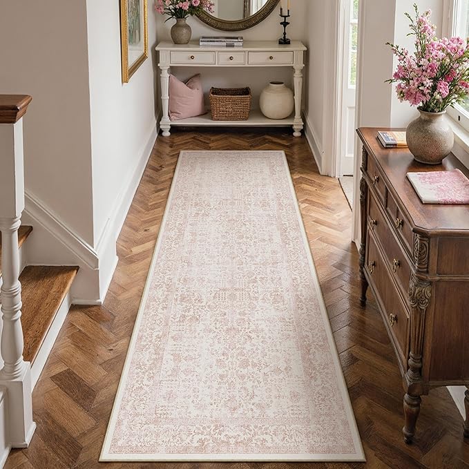 Pink Runner Rug 2x8 Hallway Machine Washable Kitchen Vintage Distressed Non Slip Long Carpet Indoor Retro Floral Bedroom Accent Throw Rug for Bathroom Office Laundry Dining Room