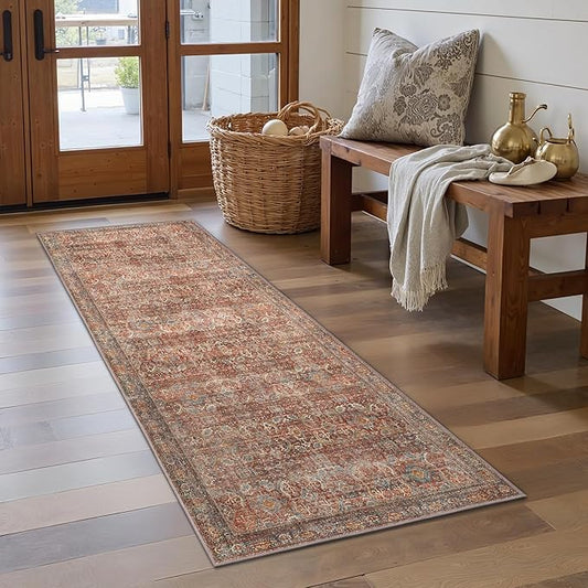 GENIMO 2x7 Runner Rugs for Hallway, Machine Washable Non Slip Vintage Rugs, Low Pile Lightweight Soft Print Rug for enrtyway, Corridor, Home Office, Kitchen, Terracotta Indigo