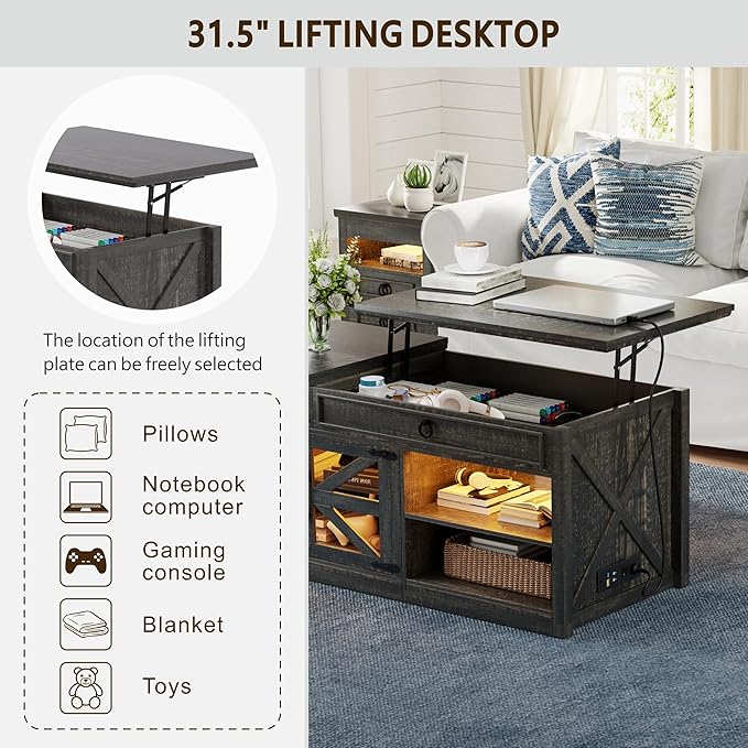 Lvifur 48" W Farmhouse Lift Top Coffee Table with LED Lights & Charging Station, Living Room Center Table with 2 Hidden Storage Compartments, Lifting Tabletop and Adjustable Shelf (Dark Rustic Oak)