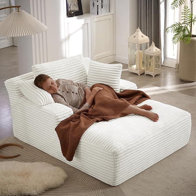 Boneless Couch Sofa Chiar Chaise Lounge Chair Indoor Upholstered Corduroy Couch Cloud Sleeper Sofa Oversized Reading Chair for Living Room No Assembly Required (White, 50" W x 67" D)