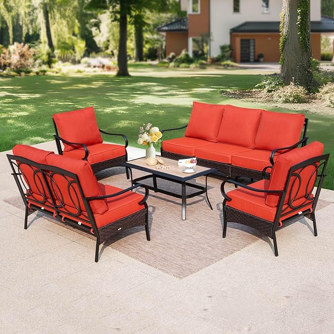 PHI VILLA Outdoor Modern Patio Furniture Set, Upgraded Wicker&Metal Patio Furniture Conversation Set with Waterproof Thick Cushions for Porch, Poolside, Deck, and Yard (5 Pieces,Red)