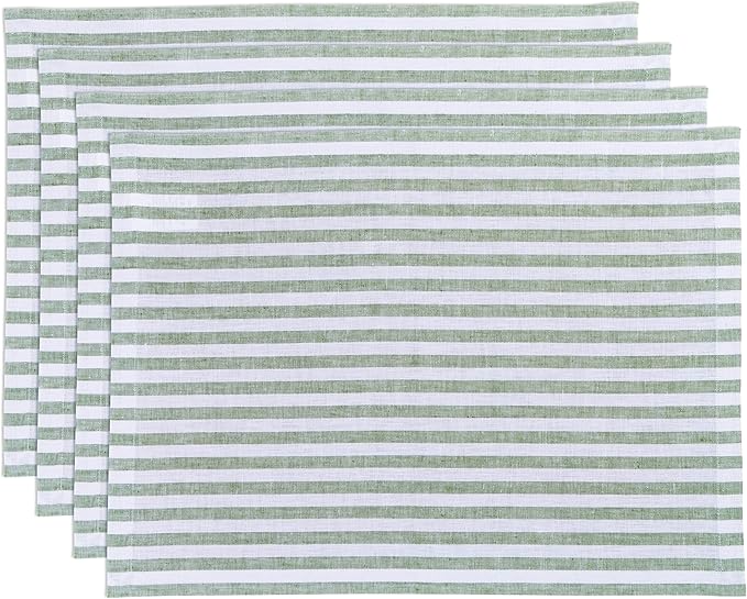 Solino Home Linen Cloth Placemats Set of 4 - Amalfi Stripe 100% Pure Linen Green and White Farmhouse Placemats 14 x 19 Inch for Fall, Autumn, Christmas, Holiday
