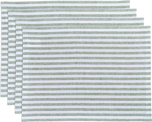Solino Home Linen Cloth Placemats Set of 4 - Amalfi Stripe 100% Pure Linen Green and White Farmhouse Placemats 14 x 19 Inch for Fall, Autumn, Christmas, Holiday