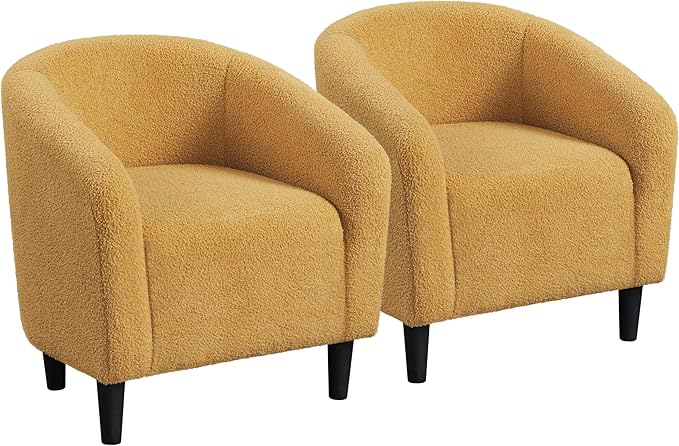 Yaheetech Accent Chairs for Living Room, Furry Barrel Chairs Set of 2, Sherpa Chairs with Soft Padded Armrest, Club Chairs for Bedroom Waiting Room Office, Mustard Yellow