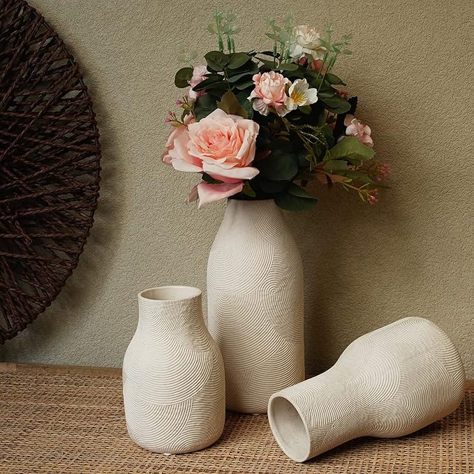 Ceramic Vases for Home Decor - Matte White Textured Vase Set of 3, Decorative Vases for Flowers, Pampas Grass Arrangement, Table Centerpieces, Office and Living Room Boho Decor
