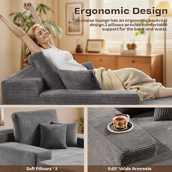 Chaise Lounge Chair Indoor, Oversized Sleeping Couch 67" L * 48.5" W Assembly Free Modern Minimalist Sofa, Extra Deep Large Single Seat Sofa for Living Room (Grey Corduroy Fabric)
