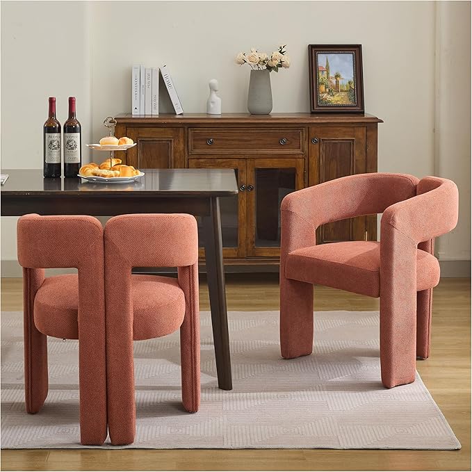 Modern Barrel Dining Chairs Set of 2, Upholstered Linen Dining Room Chair with Wooden Legs, Accent Chairs for Kitchen/Dining Room/Living Room,Orange