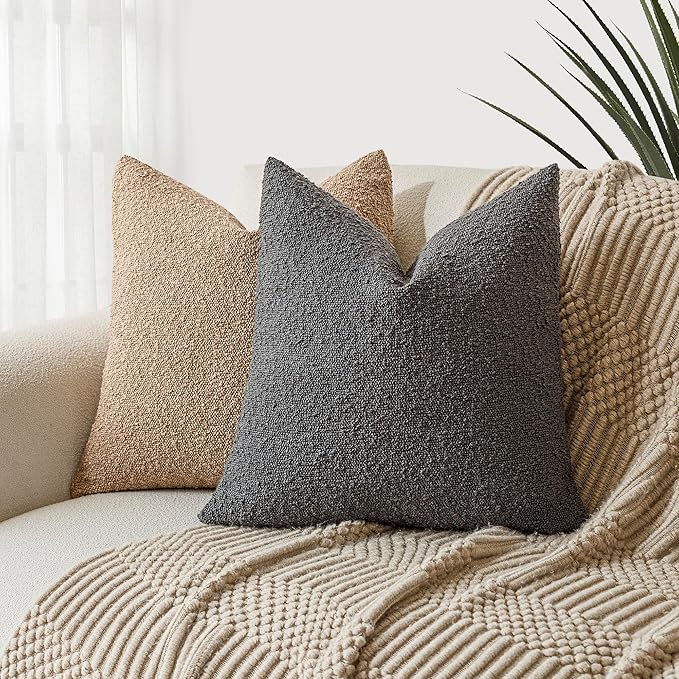 Foindtower Pack of 2 Textured Boucle Throw Pillow Covers Accent Solid Decorative Pillow Cases Cozy Woven Couch Cushion Case for Sofa Bedroom Living Room Home Decor, 18 x 18 Inch,Dark Grey